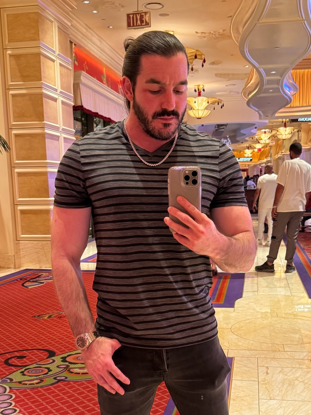 Perry Ellis Gray & Black Striped V-Neck Tee